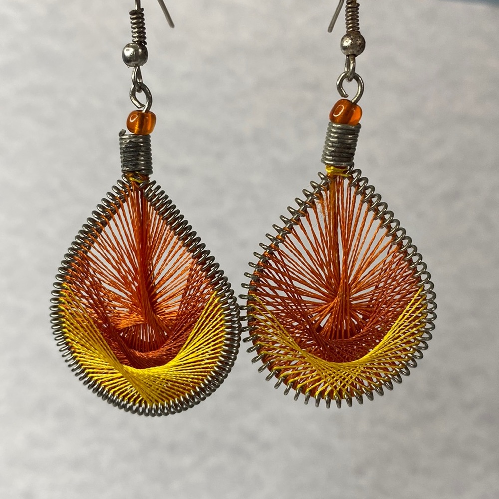 Wire woven thread sunset silver earrings